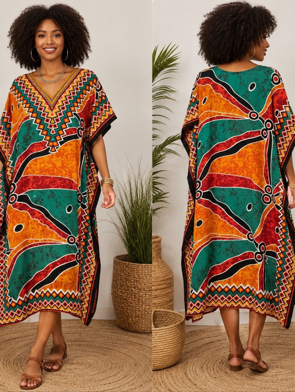 VTG Signature African Dashiki Kaftan Dress Kimono Sleeve Festival Mumu OS